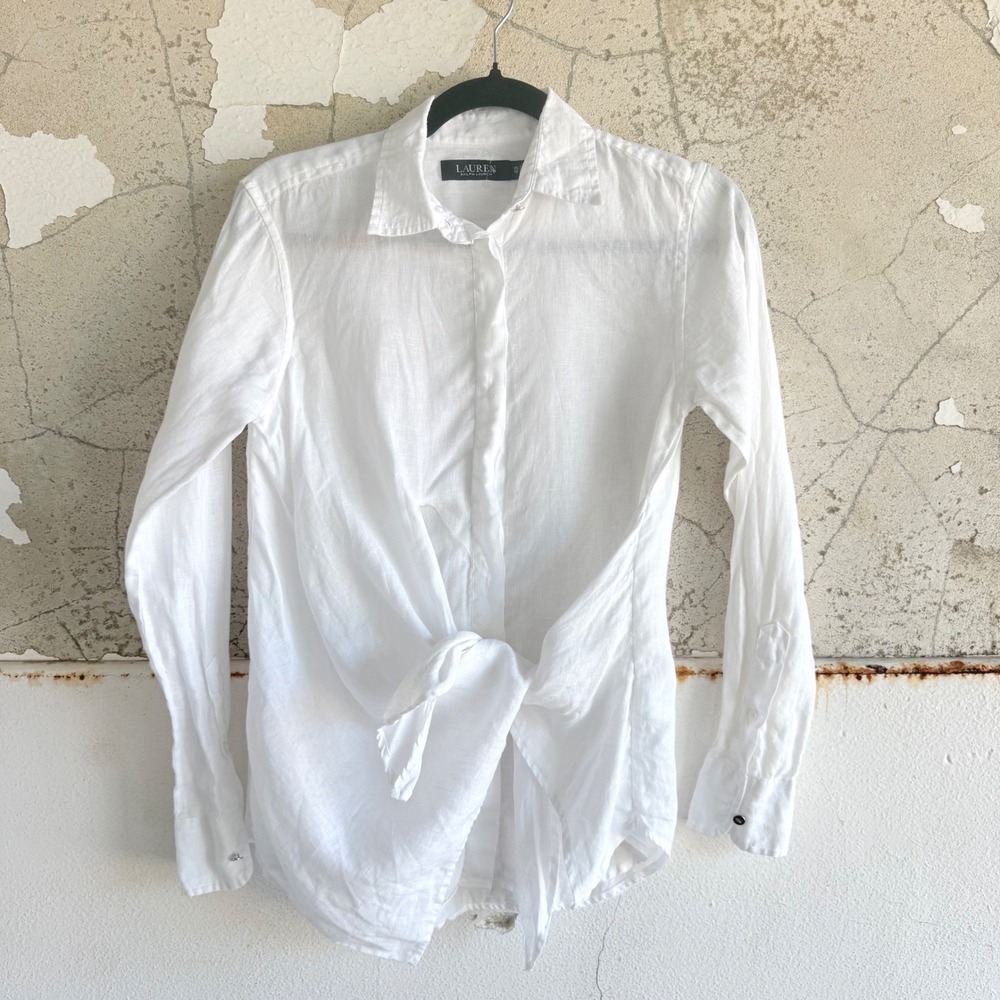 Ralph Lauren Linen Button Down Shirt Tie Front Long Sleeve Blouse White XS